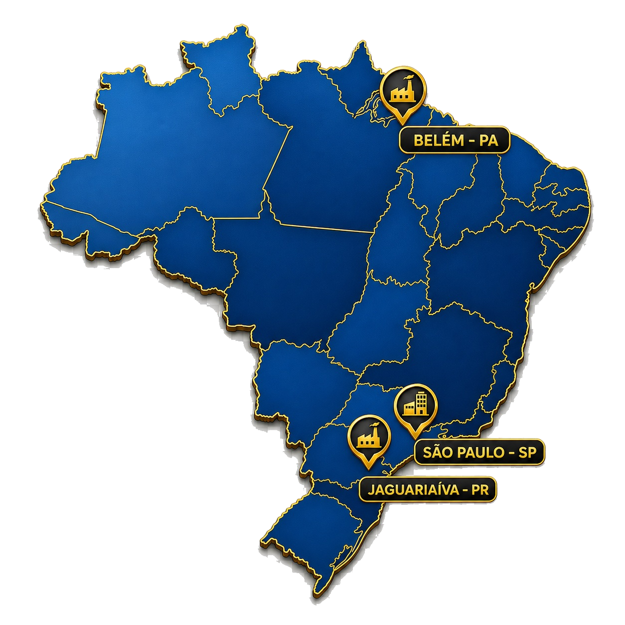 Mapa do Brasil com unidades em Belem - PA, Jaguariaiva - PR e Sao Paulo - SP